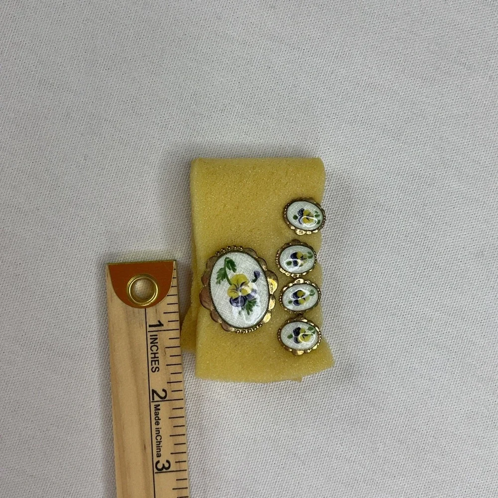 Vintage Colibri Brooch Earrings Pin Oval Cameo Flower Gold Yellow Blue 5pcs